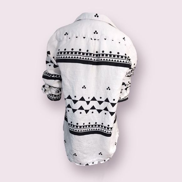 J Crew Linen Popover Top Button Up Aztec Print White - Picture 3 of 5